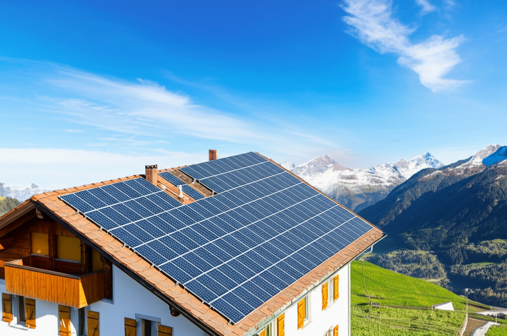 Solaranlage auf einem Schweizer Hausdach mit Bergpanorama